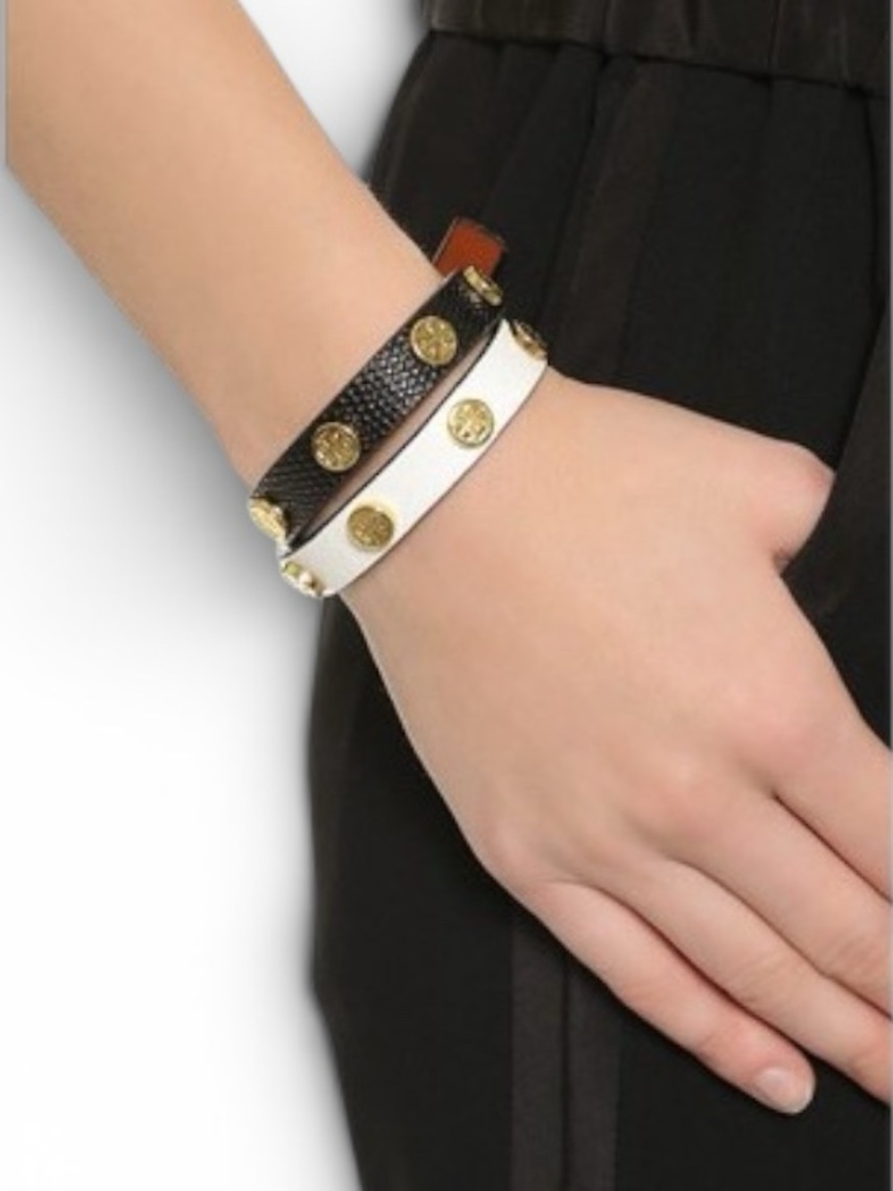 TORY BURCH Black White Leather Wrap Bracelet